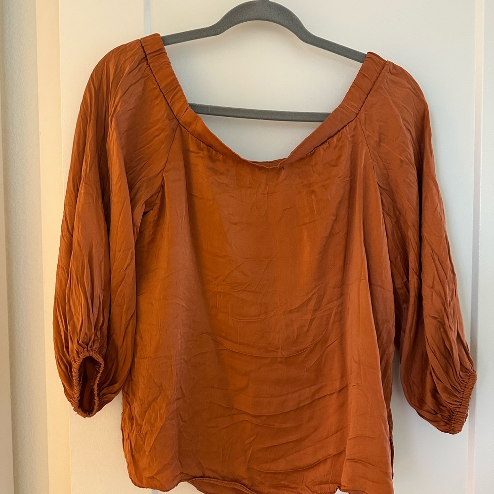Orange Brown Blouse with Puff Sleeves and Relaxed Fit